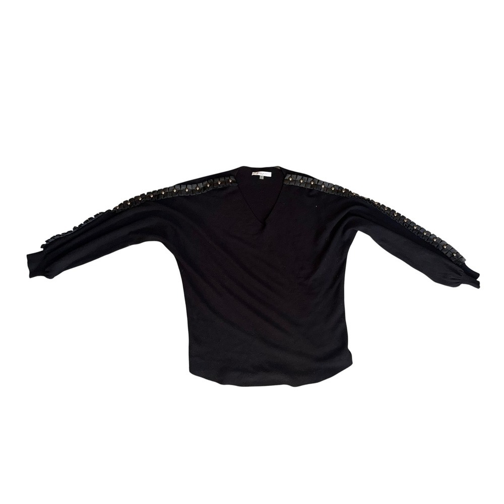 Sioni Milano Black V-Neck Sz M Leather pieces Sleeve Minimalist Dark Academia